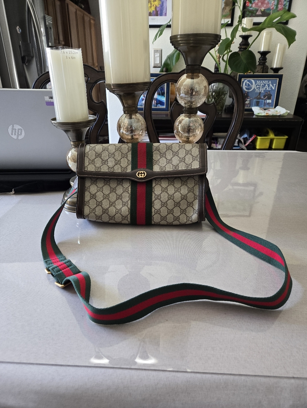Gucci Beige and Brown Logo Clutch with Red and Green Stripe. - Picture 4 of 10